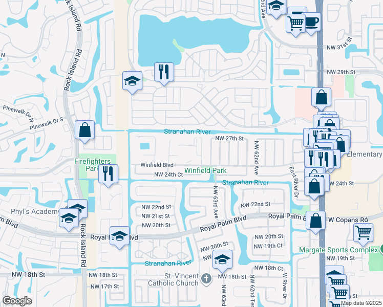 map of restaurants, bars, coffee shops, grocery stores, and more near 6501 Winfield Boulevard in Margate
