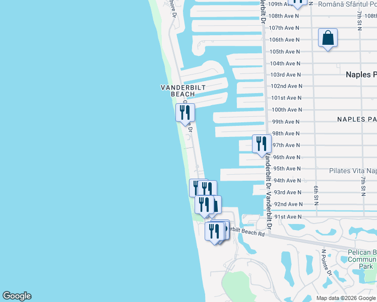 map of restaurants, bars, coffee shops, grocery stores, and more near 9653 Gulf Shore Drive in Naples