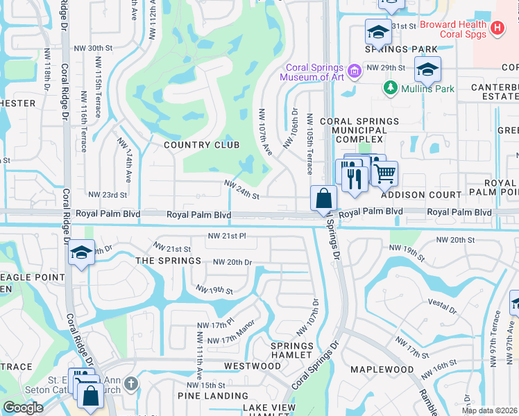 map of restaurants, bars, coffee shops, grocery stores, and more near 10876 Royal Palm Boulevard in Coral Springs