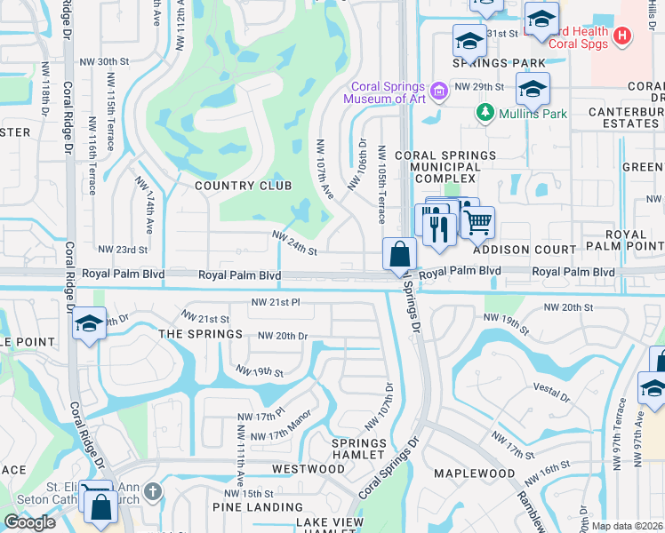 map of restaurants, bars, coffee shops, grocery stores, and more near in Coral Springs