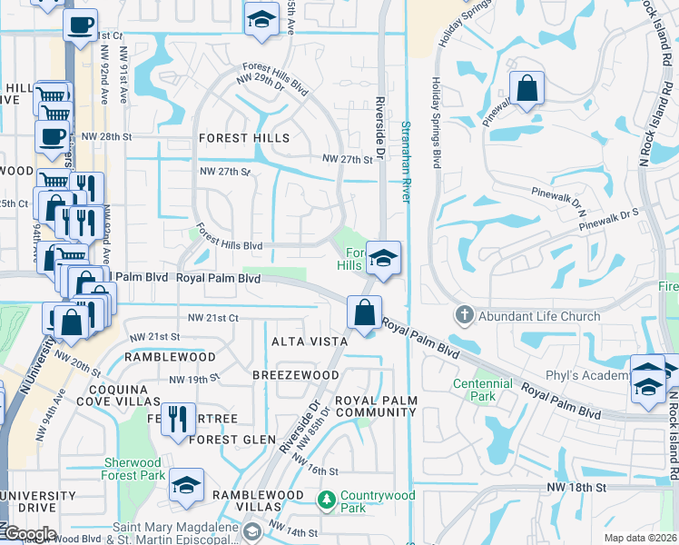 map of restaurants, bars, coffee shops, grocery stores, and more near 8317 Royal Palm Boulevard in Coral Springs