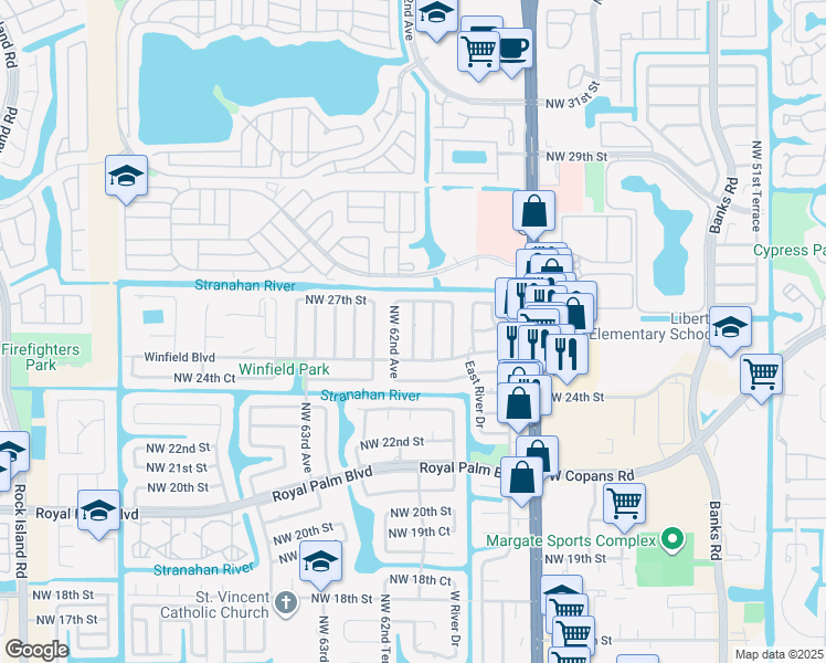 map of restaurants, bars, coffee shops, grocery stores, and more near 2569 Northwest 61st Avenue in Margate