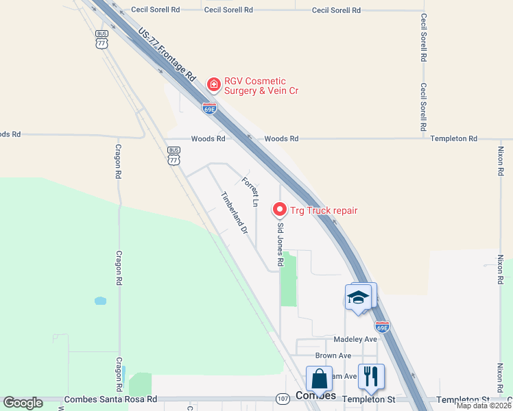 map of restaurants, bars, coffee shops, grocery stores, and more near 20710 Sid Jones in Combes