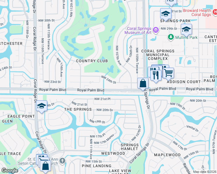 map of restaurants, bars, coffee shops, grocery stores, and more near 10876 Royal Palm Boulevard in Coral Springs
