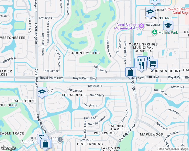 map of restaurants, bars, coffee shops, grocery stores, and more near 10974 Royal Palm Boulevard in Coral Springs