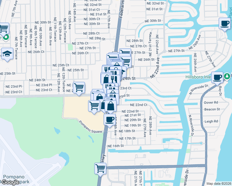 map of restaurants, bars, coffee shops, grocery stores, and more near 2300 North Federal Highway in Pompano Beach