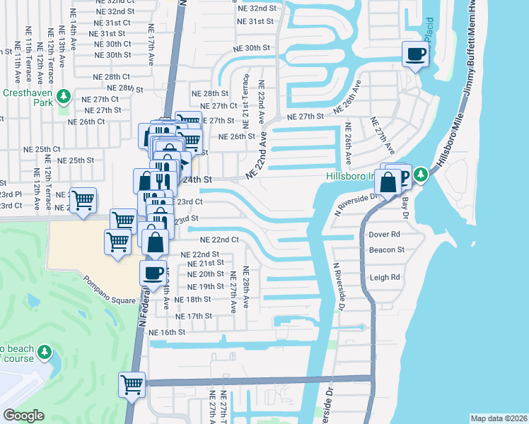 map of restaurants, bars, coffee shops, grocery stores, and more near 2840 Northeast 23rd Place in Pompano Beach