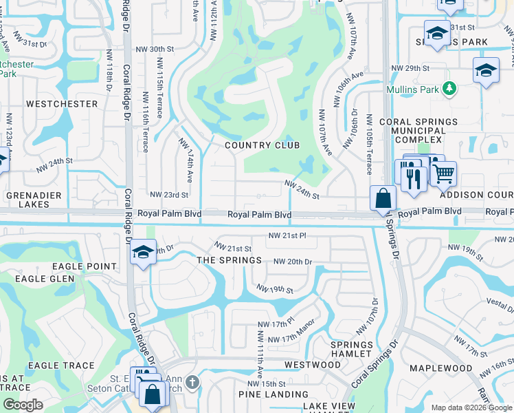 map of restaurants, bars, coffee shops, grocery stores, and more near 107 Royal Palm Boulevard in Coral Springs