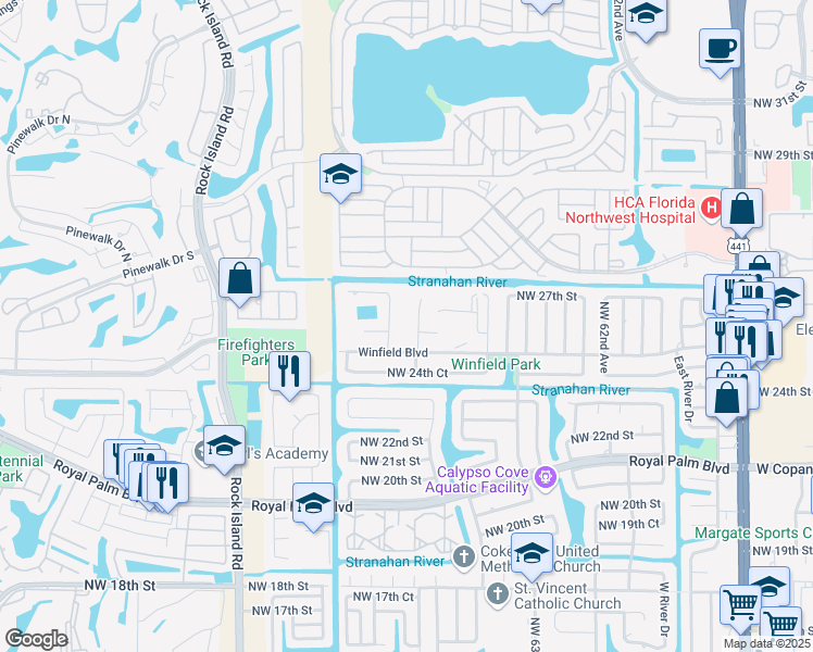 map of restaurants, bars, coffee shops, grocery stores, and more near 2510 Northwest 67th Terrace in Margate