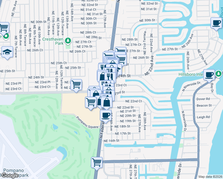 map of restaurants, bars, coffee shops, grocery stores, and more near 2323 Northeast 26th Avenue in Pompano Beach