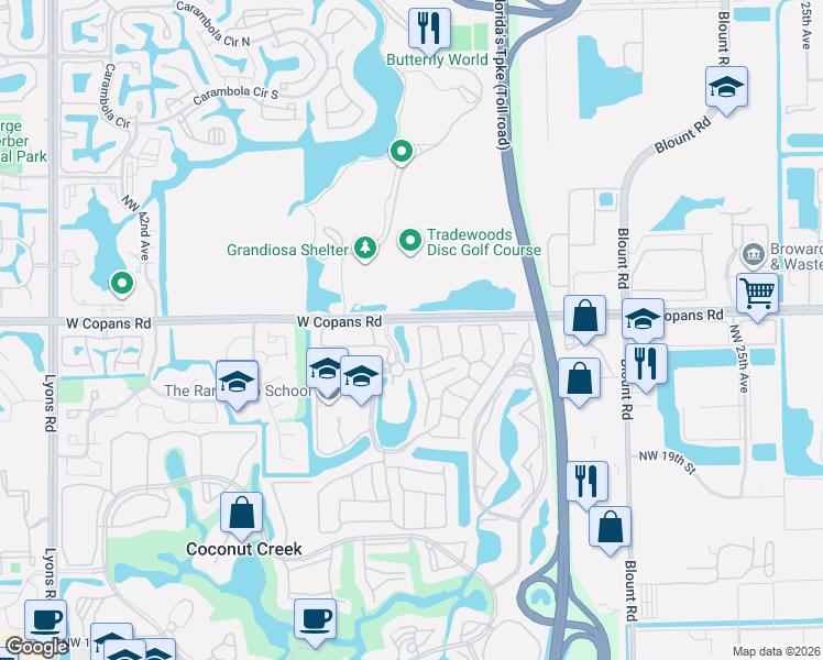map of restaurants, bars, coffee shops, grocery stores, and more near 2366 Northwest 34th Terrace in Coconut Creek