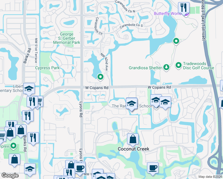 map of restaurants, bars, coffee shops, grocery stores, and more near 4346 Acacia Circle in Coconut Creek