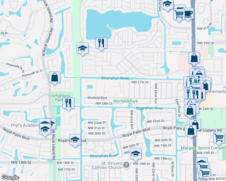 map of restaurants, bars, coffee shops, grocery stores, and more near 6501 Winfield Boulevard in Margate
