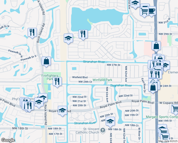 map of restaurants, bars, coffee shops, grocery stores, and more near 6303 Winfield Boulevard in Margate