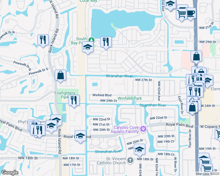 map of restaurants, bars, coffee shops, grocery stores, and more near 6303 Winfield Boulevard in Margate