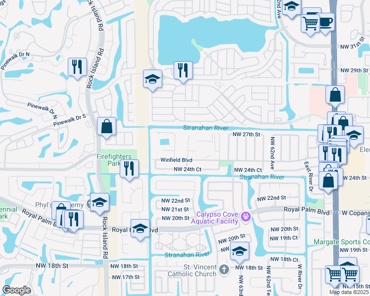 map of restaurants, bars, coffee shops, grocery stores, and more near 6303 Winfield Boulevard in Margate