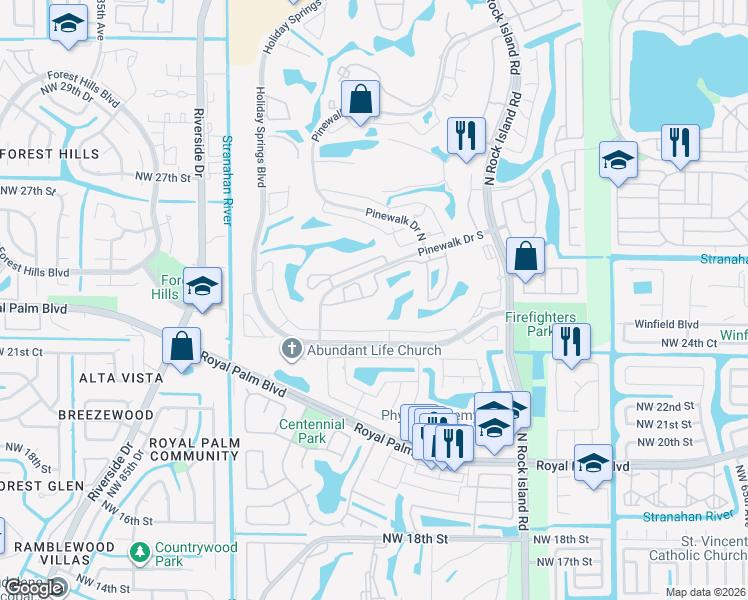 map of restaurants, bars, coffee shops, grocery stores, and more near 7617 Northwest 25th Street in Margate