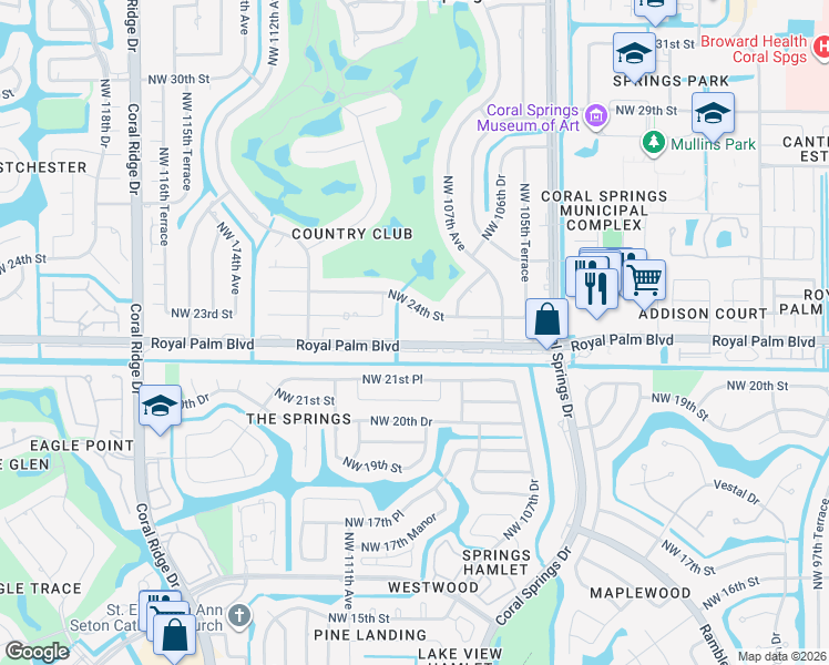 map of restaurants, bars, coffee shops, grocery stores, and more near 10876 Royal Palm Boulevard in Coral Springs