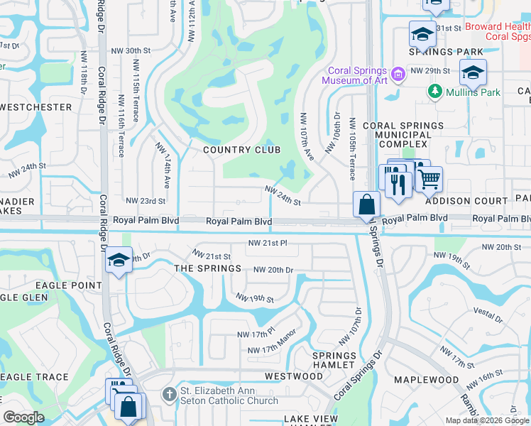 map of restaurants, bars, coffee shops, grocery stores, and more near 10974 Royal Palm Boulevard in Coral Springs