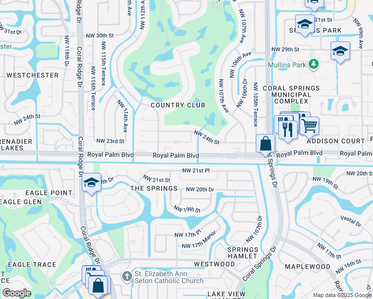 map of restaurants, bars, coffee shops, grocery stores, and more near 10974 Royal Palm Boulevard in Coral Springs