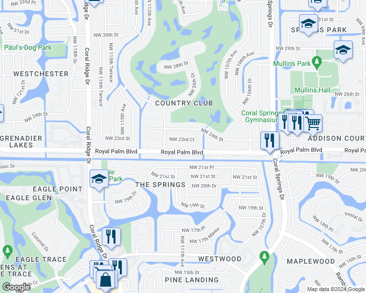 map of restaurants, bars, coffee shops, grocery stores, and more near 107 Royal Palm Boulevard in Coral Springs
