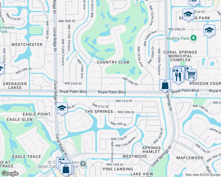 map of restaurants, bars, coffee shops, grocery stores, and more near 107 Royal Palm Boulevard in Coral Springs