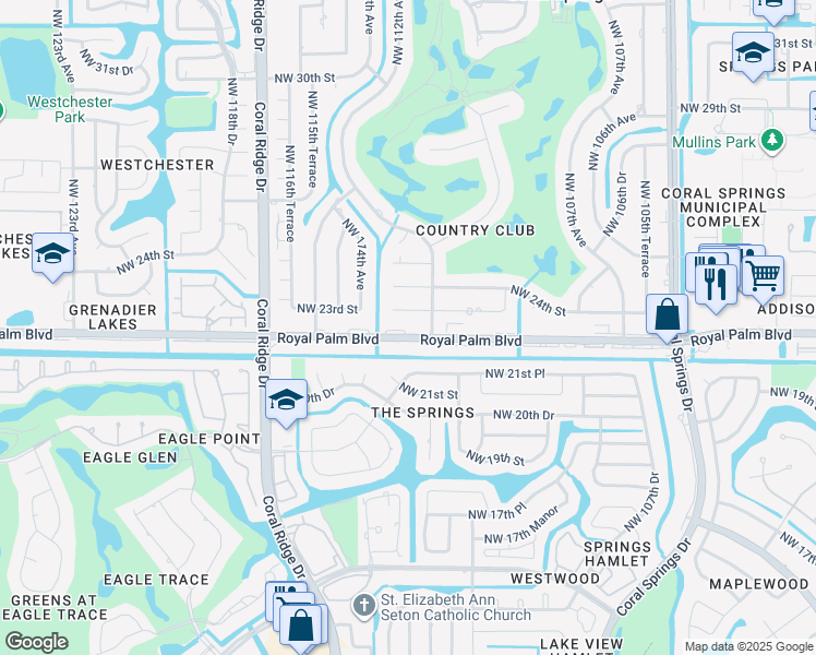 map of restaurants, bars, coffee shops, grocery stores, and more near 11340 Royal Palm Boulevard in Coral Springs