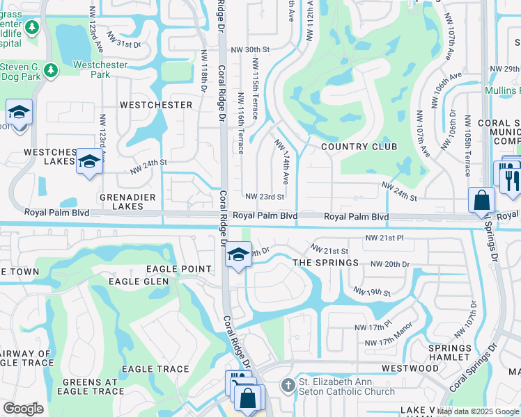 map of restaurants, bars, coffee shops, grocery stores, and more near in Coral Springs
