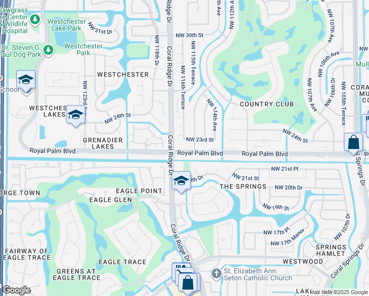 map of restaurants, bars, coffee shops, grocery stores, and more near 2291 Coral Ridge Drive in Coral Springs