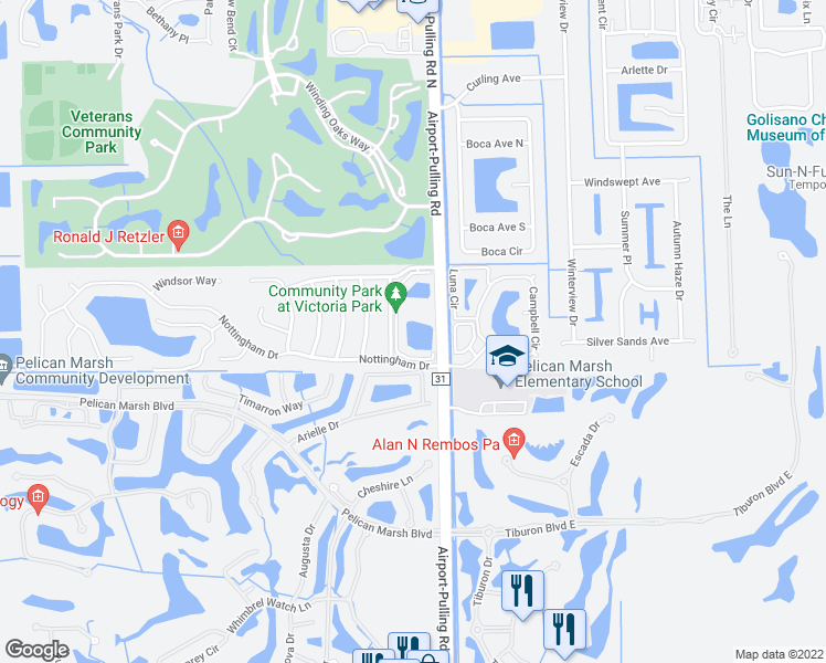 map of restaurants, bars, coffee shops, grocery stores, and more near 9590 Victoria Lane in Naples