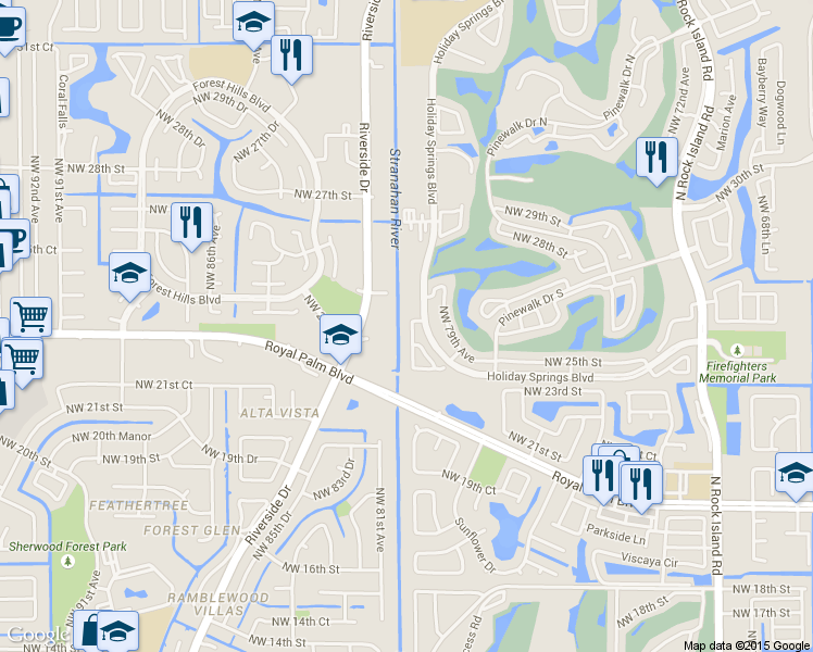 map of restaurants, bars, coffee shops, grocery stores, and more near 2640 Northwest 80th Avenue in Margate
