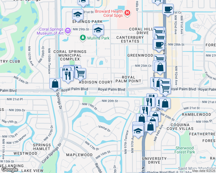 map of restaurants, bars, coffee shops, grocery stores, and more near 9908 Royal Palm Boulevard in Coral Springs