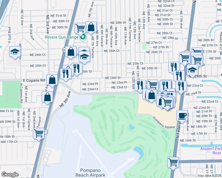 map of restaurants, bars, coffee shops, grocery stores, and more near 921 East Copans Road in Pompano Beach