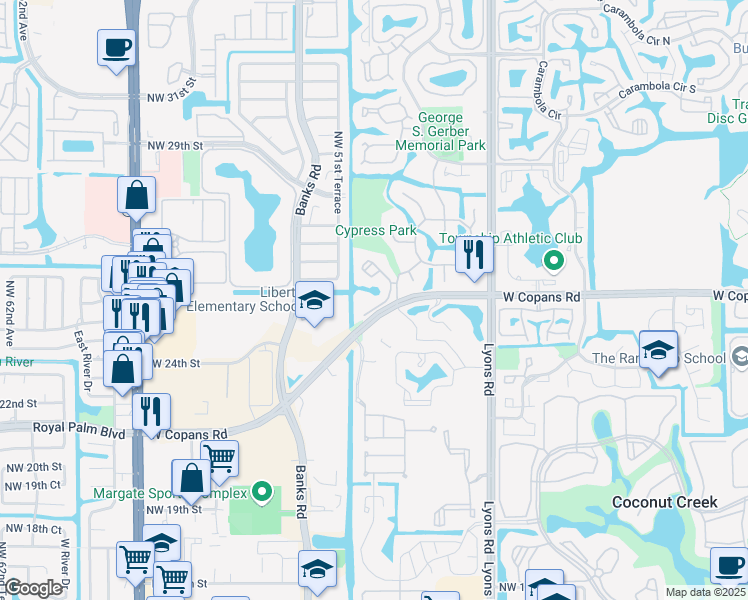 map of restaurants, bars, coffee shops, grocery stores, and more near 4 Northwest 49th Terrace in Coconut Creek