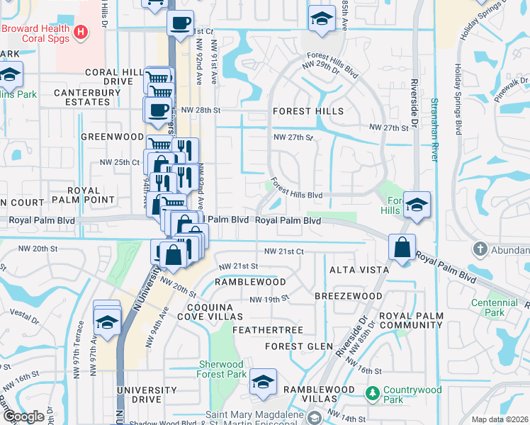 map of restaurants, bars, coffee shops, grocery stores, and more near 8880 Royal Palm Boulevard in Coral Springs