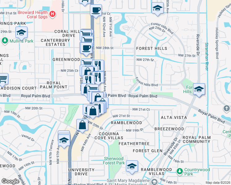 map of restaurants, bars, coffee shops, grocery stores, and more near 9024 Royal Palm Boulevard in Coral Springs