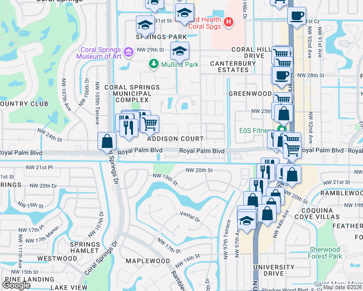map of restaurants, bars, coffee shops, grocery stores, and more near 10194 Royal Palm Boulevard in Coral Springs