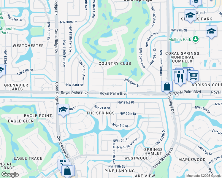map of restaurants, bars, coffee shops, grocery stores, and more near 107 Royal Palm Boulevard in Coral Springs