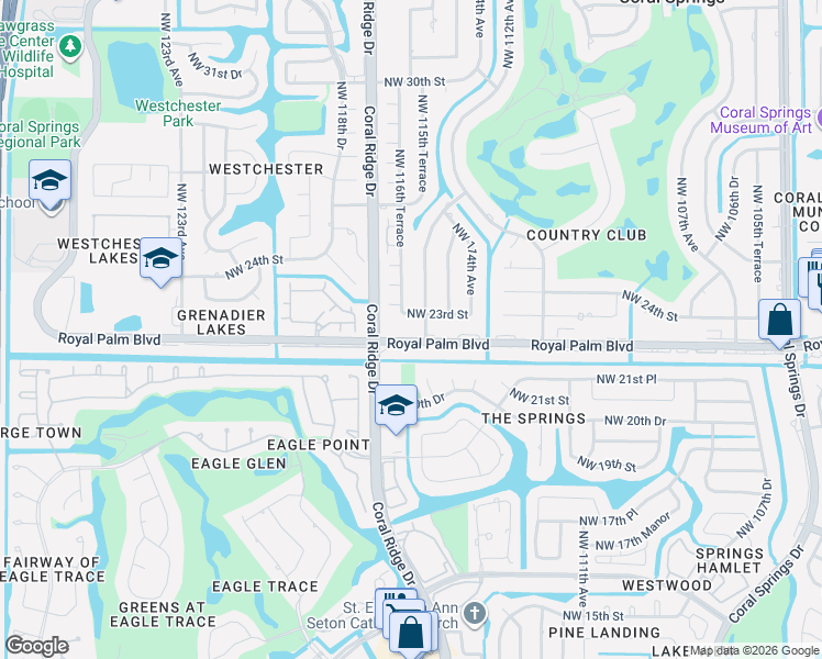 map of restaurants, bars, coffee shops, grocery stores, and more near 2291 Coral Ridge Drive in Coral Springs