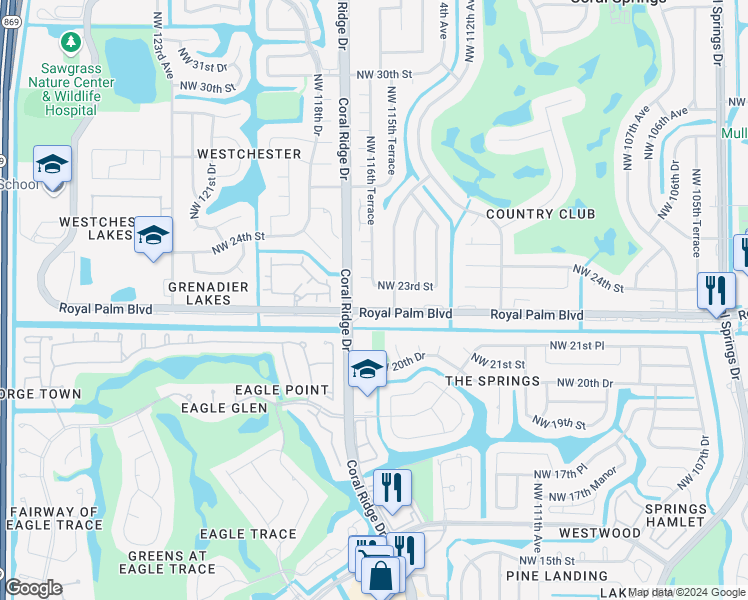 map of restaurants, bars, coffee shops, grocery stores, and more near 2291 Coral Ridge Drive in Coral Springs
