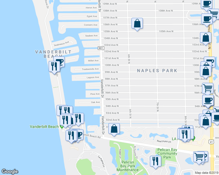 map of restaurants, bars, coffee shops, grocery stores, and more near 525 96th Avenue North in Naples