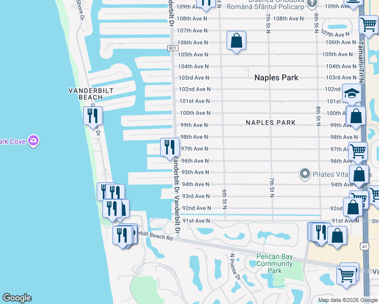 map of restaurants, bars, coffee shops, grocery stores, and more near 524 97th Avenue North in Naples