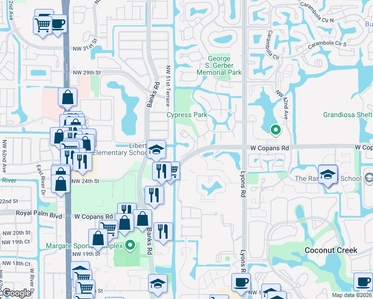 map of restaurants, bars, coffee shops, grocery stores, and more near 4 Northwest 49th Terrace in Coconut Creek