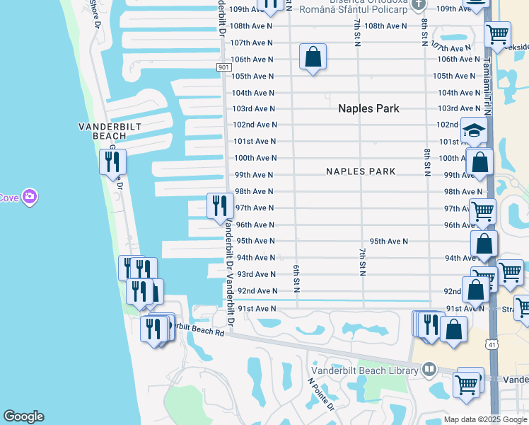 map of restaurants, bars, coffee shops, grocery stores, and more near 565 96th Avenue North in Naples