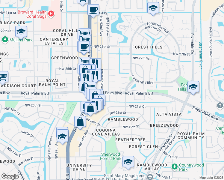 map of restaurants, bars, coffee shops, grocery stores, and more near 9024 Royal Palm Boulevard in Coral Springs