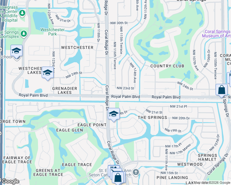 map of restaurants, bars, coffee shops, grocery stores, and more near 2291 Coral Ridge Drive in Coral Springs