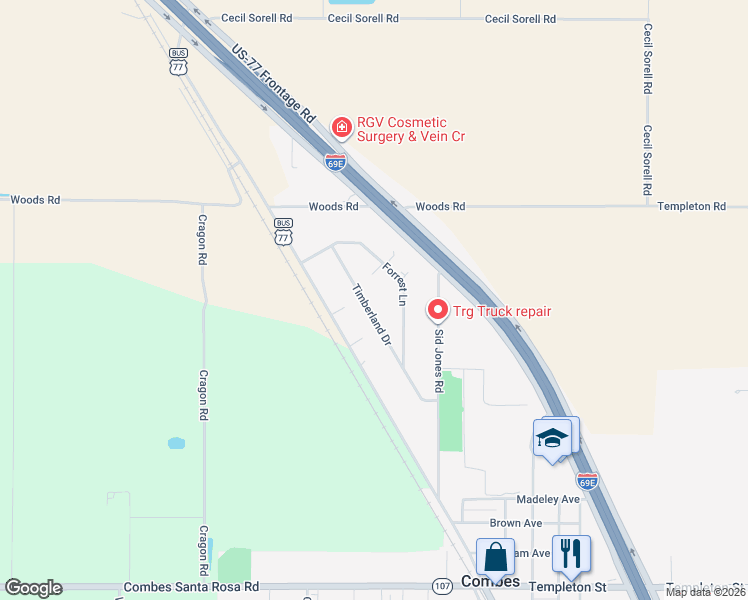 map of restaurants, bars, coffee shops, grocery stores, and more near 20891 Timberland Drive in Harlingen