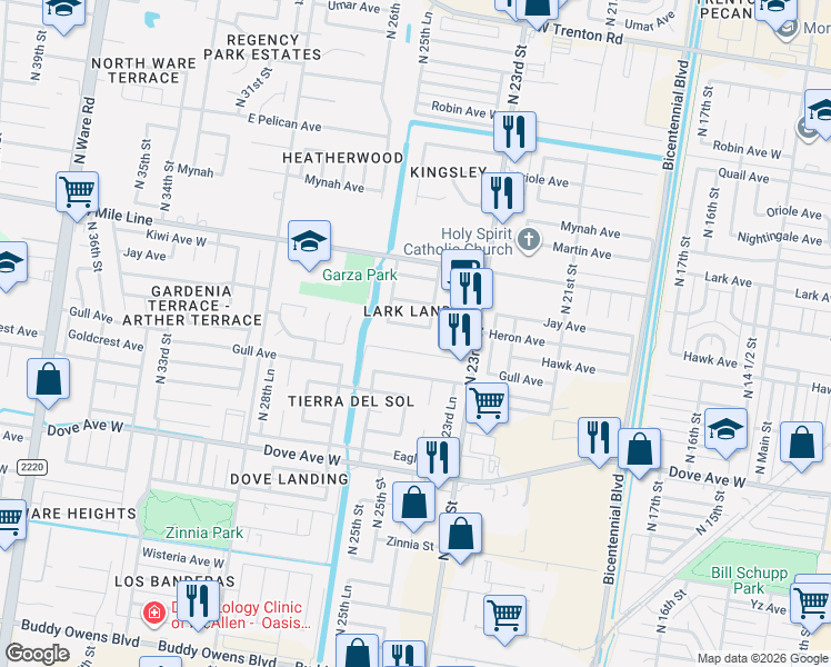 map of restaurants, bars, coffee shops, grocery stores, and more near 2328 Mona Avenue in McAllen