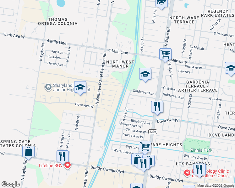 map of restaurants, bars, coffee shops, grocery stores, and more near 5721 North 41st Street in McAllen