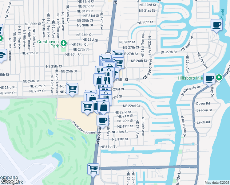 map of restaurants, bars, coffee shops, grocery stores, and more near 2323 Northeast 26th Avenue in Pompano Beach